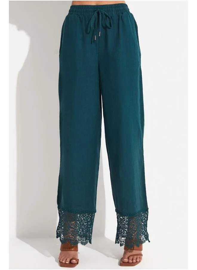 JUNE June Women Exclusive 100% Linen Wide Leg Lace Detailed Trousers Teal
