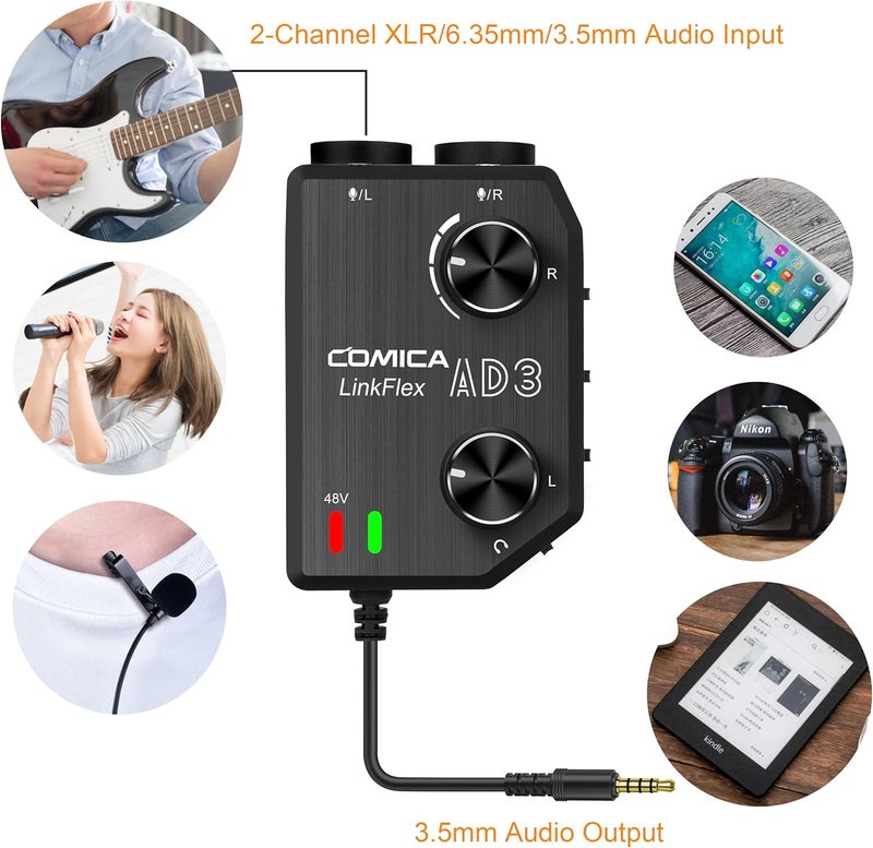 COMICA LINKFLEX.AD3 2-Channel XLR/3.5mm/6.35mm Microphone Audio Mixer Preamp with Phantom Power, Real-time Monitoring, Guitar Audio Interface Microphone for DSLR Cameras Camcorders Smartphones Tablets - Image 4