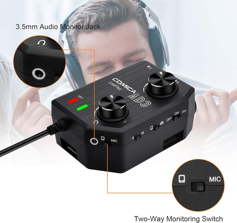 COMICA LINKFLEX.AD3 2-Channel XLR/3.5mm/6.35mm Microphone Audio Mixer Preamp with Phantom Power, Real-time Monitoring, Guitar Audio Interface Microphone for DSLR Cameras Camcorders Smartphones Tablets - Image 5
