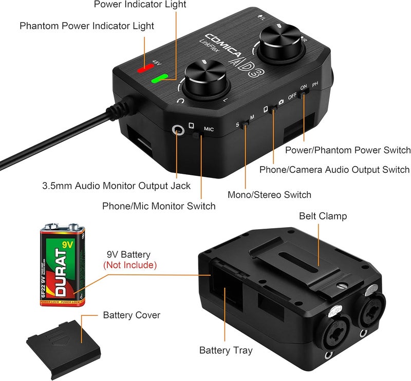 COMICA LINKFLEX.AD3 2-Channel XLR/3.5mm/6.35mm Microphone Audio Mixer Preamp with Phantom Power, Real-time Monitoring, Guitar Audio Interface Microphone for DSLR Cameras Camcorders Smartphones Tablets - Image 2