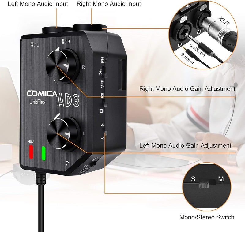 COMICA LINKFLEX.AD3 2-Channel XLR/3.5mm/6.35mm Microphone Audio Mixer Preamp with Phantom Power, Real-time Monitoring, Guitar Audio Interface Microphone for DSLR Cameras Camcorders Smartphones Tablets - Image 3