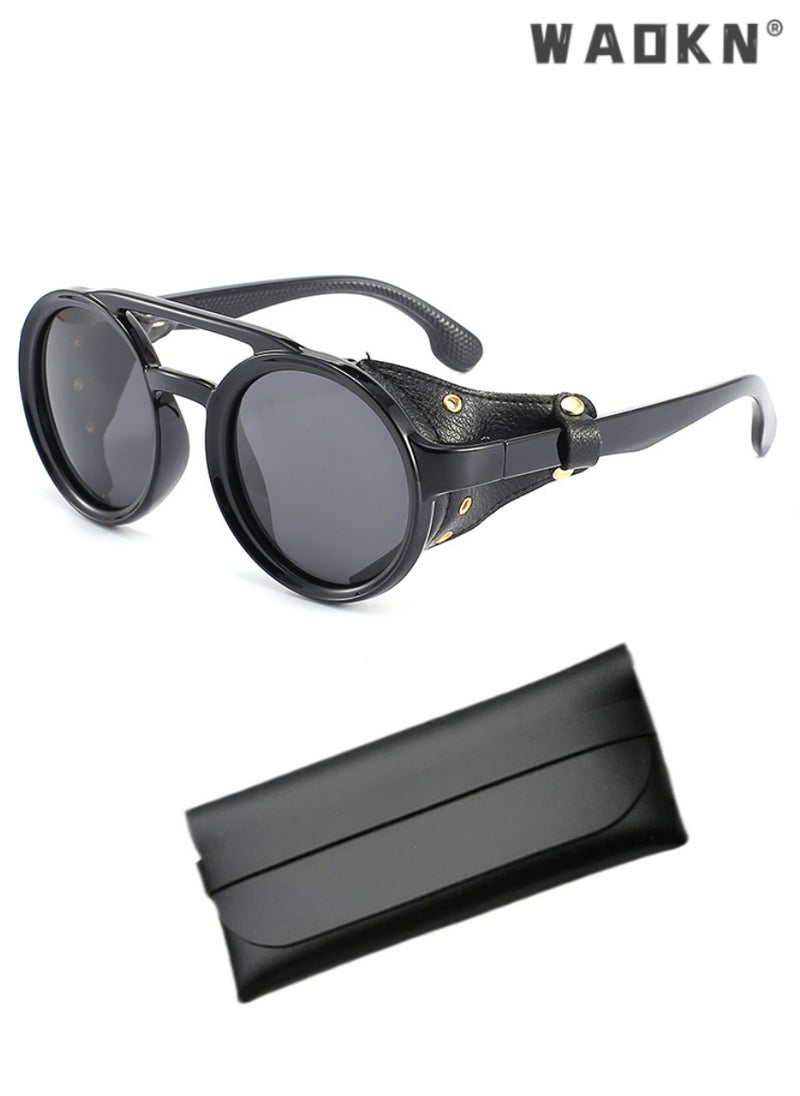 WAOKN - Retro Round Steampunk Sunglasses Women Men Vintage Eyewear Light Plastic Frame with Leatherwear, UV400 Protection HD Lens,Vintage Sunglasses Retro Eyewear For Men Women With Leather Side Glasses - Image 1