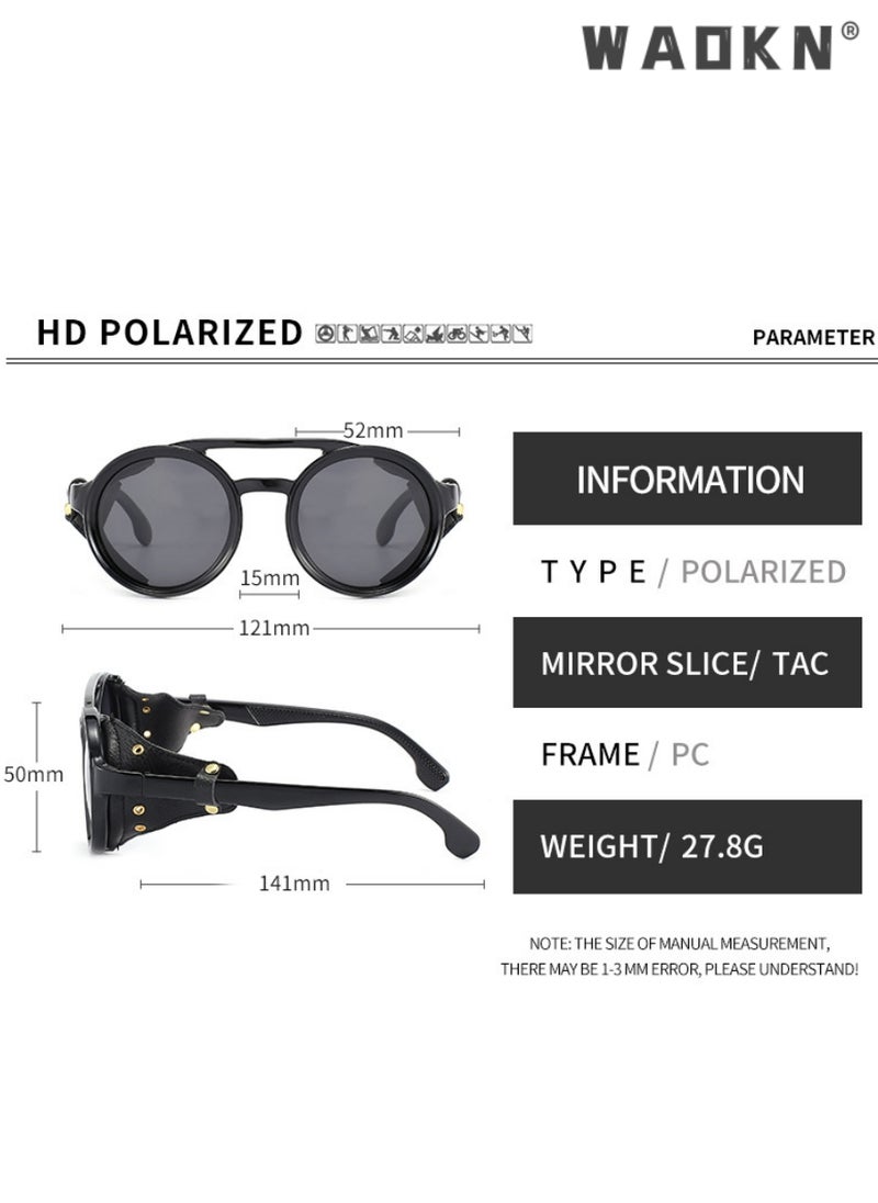 WAOKN - Retro Round Steampunk Sunglasses Women Men Vintage Eyewear Light Plastic Frame with Leatherwear, UV400 Protection HD Lens,Vintage Sunglasses Retro Eyewear For Men Women With Leather Side Glasses - Image 1