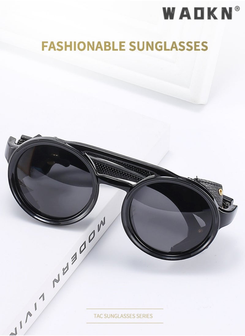 WAOKN - Retro Round Steampunk Sunglasses Women Men Vintage Eyewear Light Plastic Frame with Leatherwear, UV400 Protection HD Lens,Vintage Sunglasses Retro Eyewear For Men Women With Leather Side Glasses - Image 1