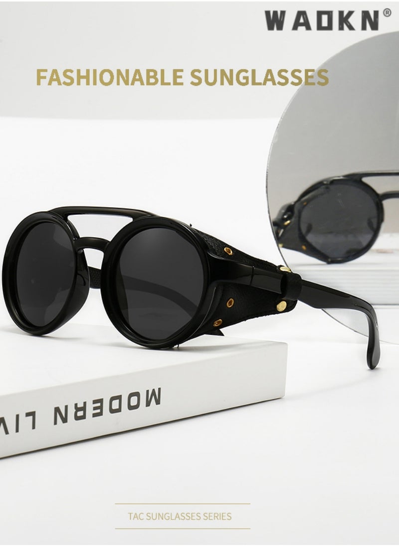 WAOKN - Retro Round Steampunk Sunglasses Women Men Vintage Eyewear Light Plastic Frame with Leatherwear, UV400 Protection HD Lens,Vintage Sunglasses Retro Eyewear For Men Women With Leather Side Glasses - Image 1