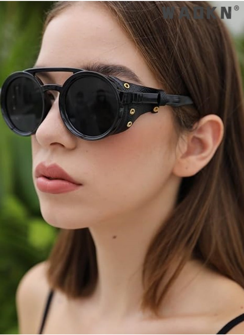 WAOKN - Retro Round Steampunk Sunglasses Women Men Vintage Eyewear Light Plastic Frame with Leatherwear, UV400 Protection HD Lens,Vintage Sunglasses Retro Eyewear For Men Women With Leather Side Glasses - Image 1