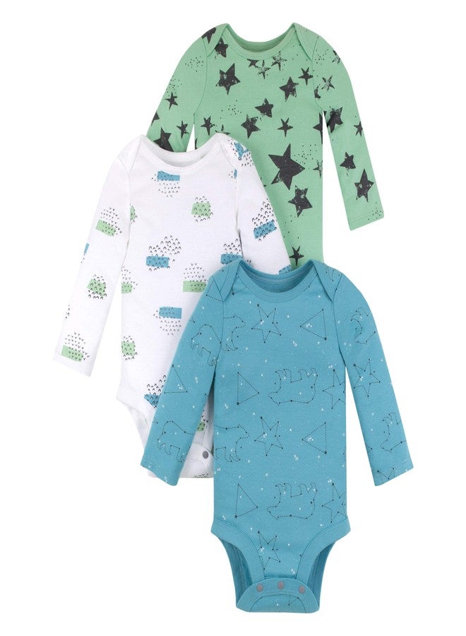 لاماز بدلة أطفال لاماز للأولاد، مصنوعة من قطن طبيعي فائق النعومة، بأكمام طويلة، إغلاق بأزرار كبس، عبوة من 3 قطع، لون أزرق مخضر/نجوم خضراء، مقاس 3 أشهر أمريكي - Image 1
