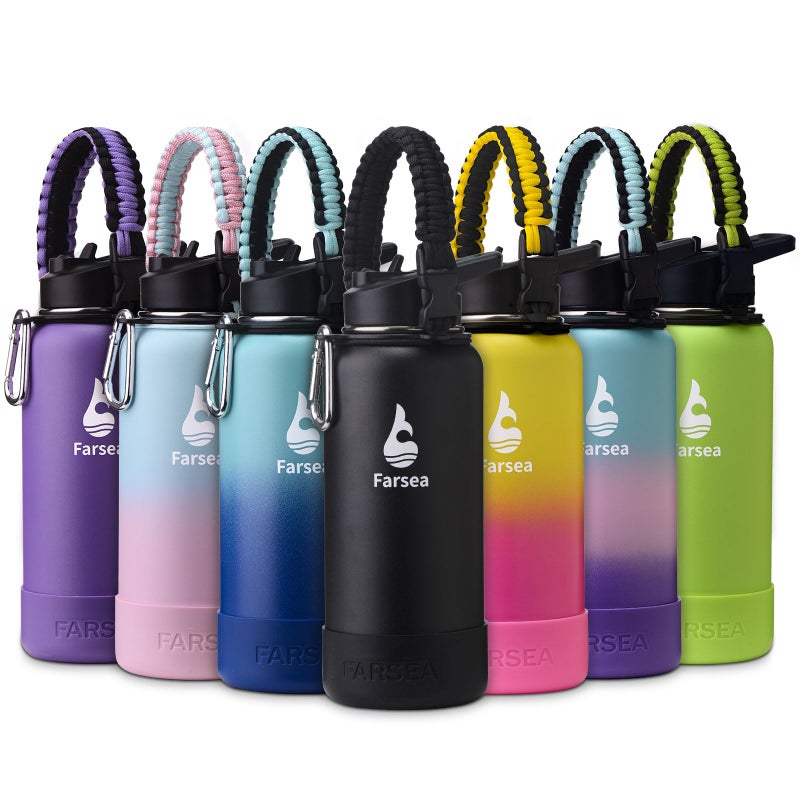 Farsea Insulated Water Bottle With Paracord Handle  Protective Boot and 2 Lids (Straw Lid & Spout Lid)  Stainless Steel Water Bottle Wide Mouth  Double Wall Sweat-Proof BPA-Free  32 oz - Image 1
