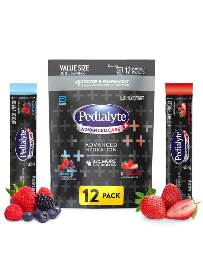 Pedialyte بودرة الكتروليت AdvancedCare Plus، مع 33% المزيد من الالكتروليتات و PreActiv Prebiotics، عبوة متنوعة بنكهات Berry Freeze/Berry Frost، عبوات مسحوق مشروب الترطيب، 0.6 أوقية، 12 قطعة - Image 1