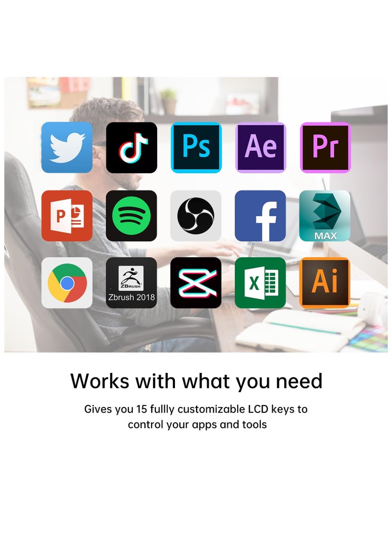 SYOSI - LCD Shortcut Stream Deck Controller, 15-Key All-in-one Stream Trigger Key Console for Desktop Productivity, Customise LCD Touchable Switchable Buttons for OBS, Twitch, YouTube - Mac & PC Compatible - Image 1