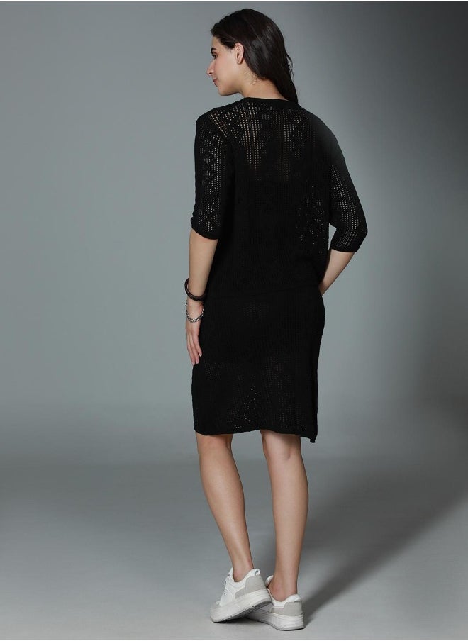 HIGH STAR Women's Black 100% Cotton Solid Pattern T-Shirt Upperwear Mini Bodycon Regular Fit Co-Ords  - Image 2