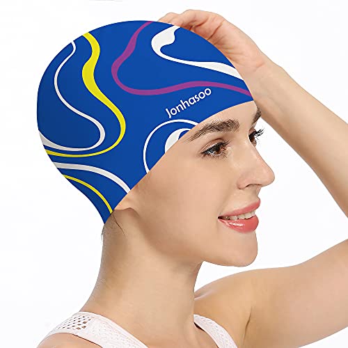 Jonhasoo Silicone Swim Cap for Women, Waterproof Long Hair Swimming Caps with Color Stripe Printed - Image 1