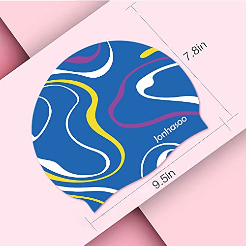 Jonhasoo Silicone Swim Cap for Women, Waterproof Long Hair Swimming Caps with Color Stripe Printed - Image 3