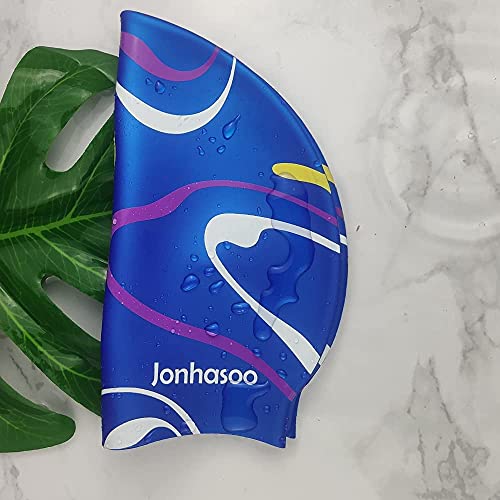 Jonhasoo Silicone Swim Cap for Women, Waterproof Long Hair Swimming Caps with Color Stripe Printed - Image 4