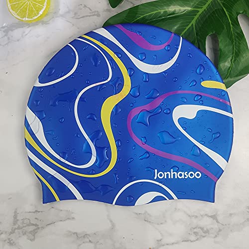 Jonhasoo Silicone Swim Cap for Women, Waterproof Long Hair Swimming Caps with Color Stripe Printed - Image 2