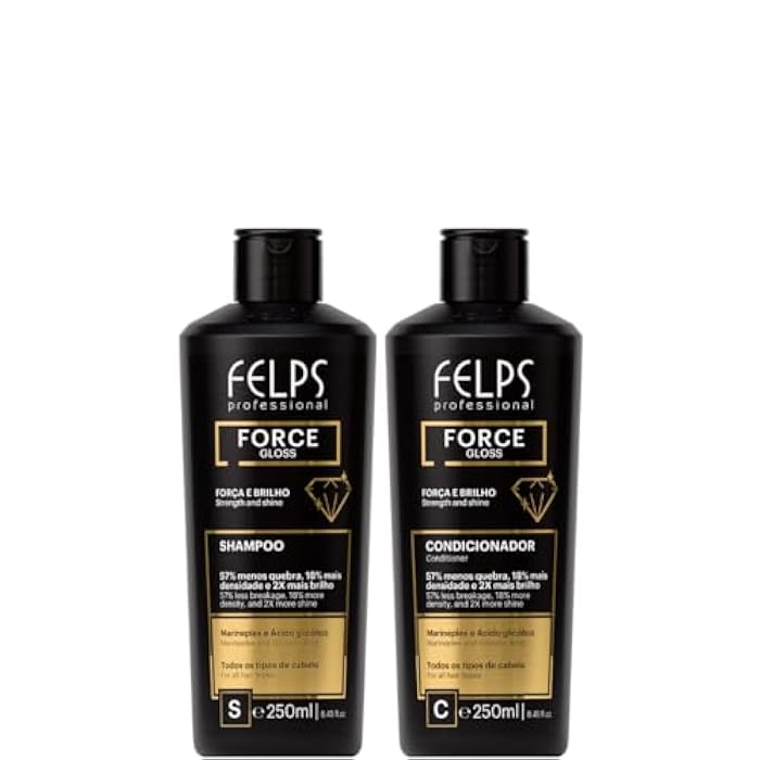 Felps Professional مجموعة العناية بالشعر من كيت فيلبس بروفيشينال فورس جلوس، شامبو وبلسم مقوي مع مارينبلكس وحمض الجليكوليك، أسود، 250 مل، عبوتين - Image 1
