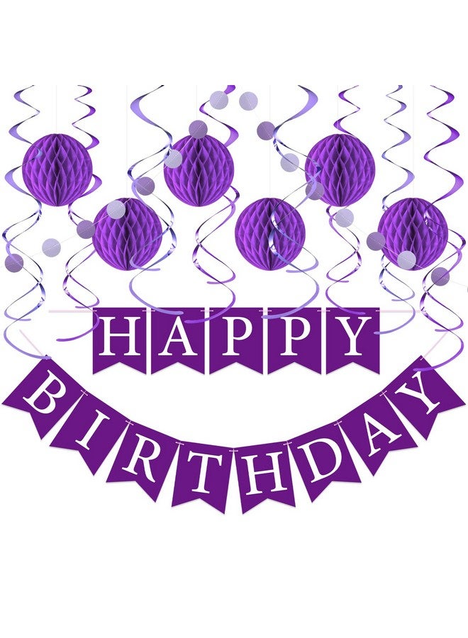LITAUS Purple Birthday Decorations Kit - 16-Piece Set with Pre-Strung Happy Birthday Banner, Honeycomb Balls, Garland & Swirls | Purple Theme Party Supplies for Women Girls Kids, Teens Adults - Image 1