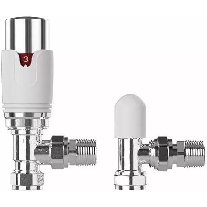 TC ANGLED THERMOSTATIC RADIATOR VALVES TRV & LOCKSHIELD PACK 15MM X 1/2" DRAYTON TRV4 STYLE CHROME/WHITE -EM - Image 2