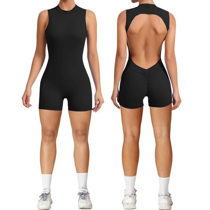 Litthing Women Short Jumpsuit Backless Scrunch Butt Workout Rompers V Back Yoga One Piece Unitards Sleeveless Gym Bodycon - Image 1