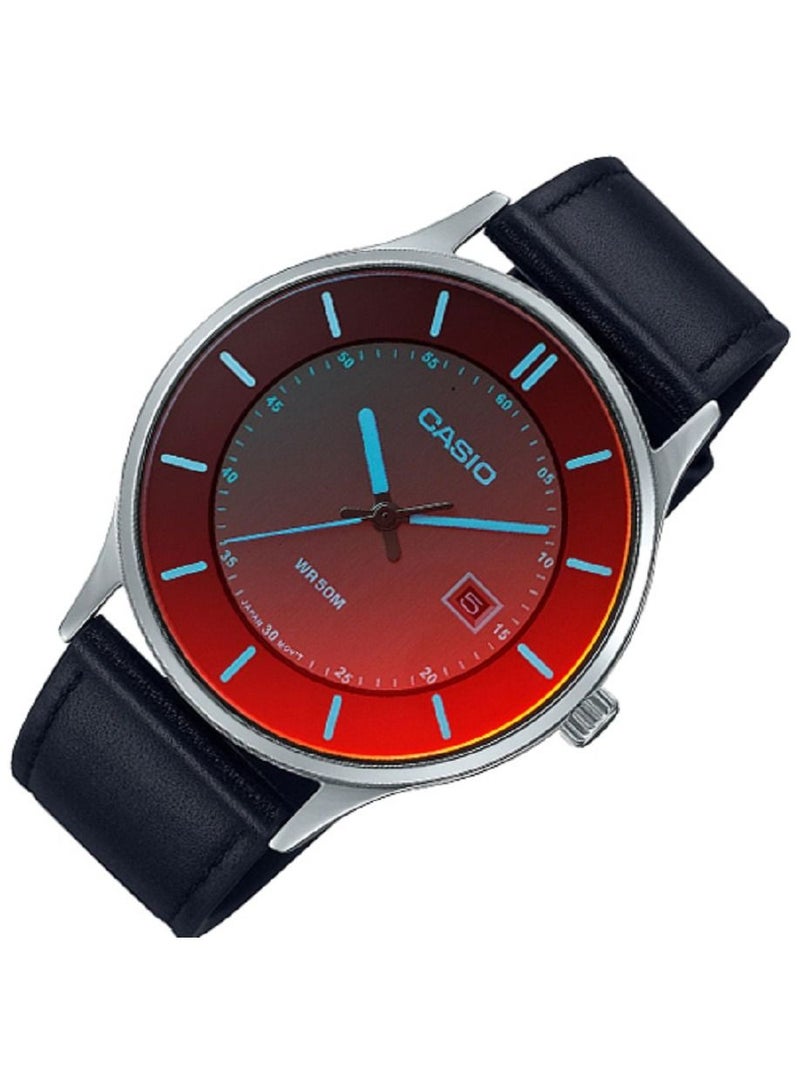 كاسيو ساعة للجنسين - انالوج بعرض التاريخ - مينا احمر - سوار جلدي زجاجي مستقطب - MTP-E605L-1EVDF - Image 2