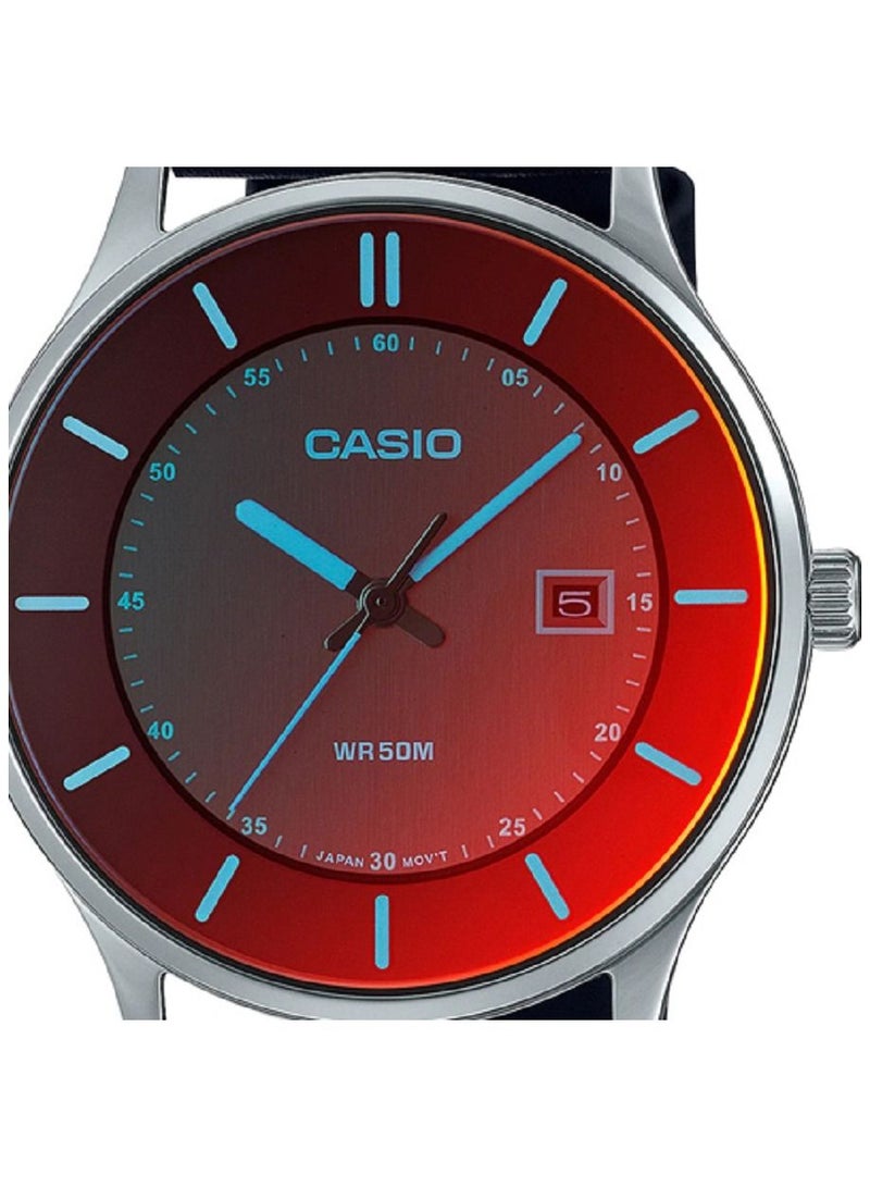كاسيو ساعة للجنسين - انالوج بعرض التاريخ - مينا احمر - سوار جلدي زجاجي مستقطب - MTP-E605L-1EVDF - Image 3