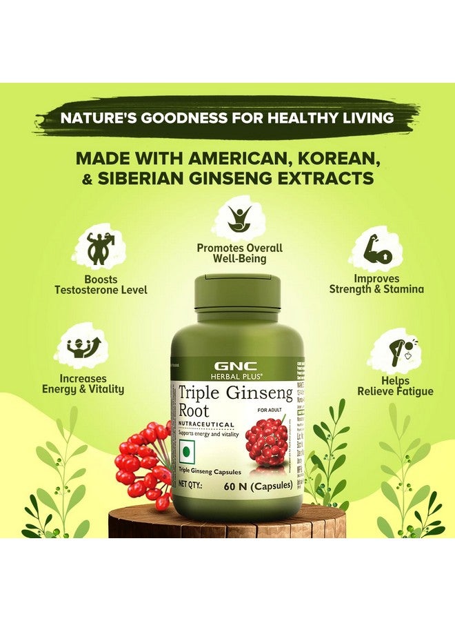 GNC GNC Herbal Plus Triple Ginseng with Korean, American & Siberian Ginseng | 60 Capsules | 700mg | Enhances Immunity | Boosts Strength & Stamina | Improves Alertness & Concentration | Formulated in USA - Image 2