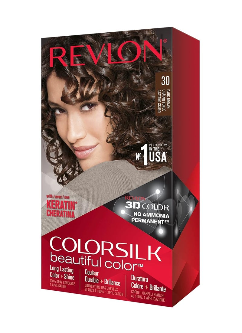 Revlon Colorsilk Beautiful Color Permanent Hair Dye with Keratin 100 Gray Coverage Ammonia Free 30 Dark Brown - Image 1