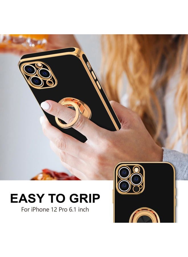 Hython Case for iPhone 12 Pro Case with Ring Stand, 360° Rotatable Ring Holder Magnetic Kickstand, Plating Rose Gold Soft TPU Bumper Camera Protection Shockproof Protective Phone Cases Cover, Black - Image 2