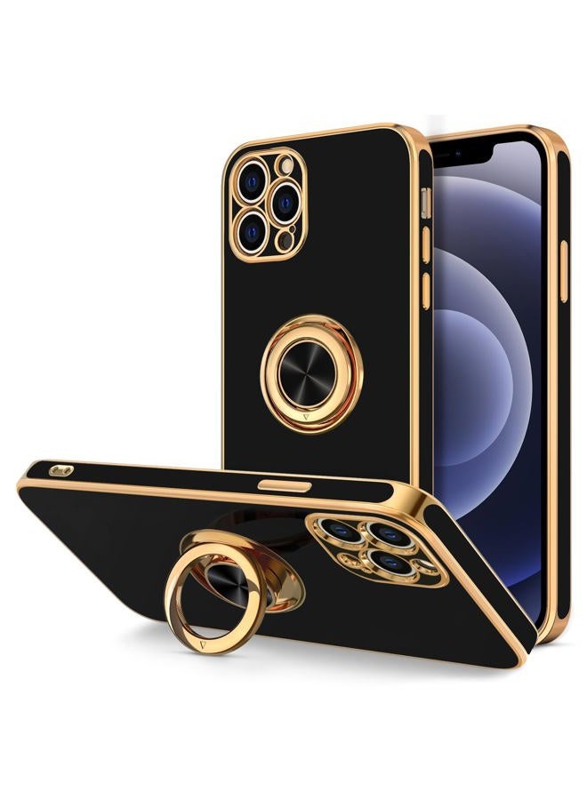 Hython Case for iPhone 12 Pro Case with Ring Stand, 360° Rotatable Ring Holder Magnetic Kickstand, Plating Rose Gold Soft TPU Bumper Camera Protection Shockproof Protective Phone Cases Cover, Black - Image 1