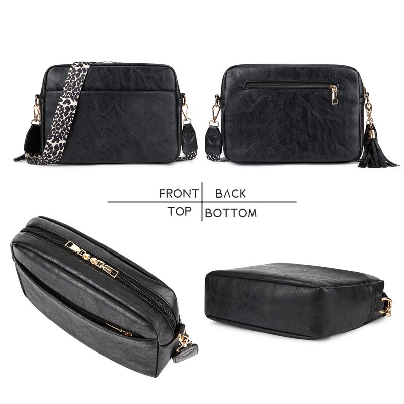 Cynure Women's Leather Crossbody Bag Zipper Shoulder Camera Purse, Black - Image 3