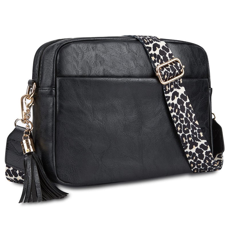 Cynure Women's Leather Crossbody Bag Zipper Shoulder Camera Purse, Black - Image 1