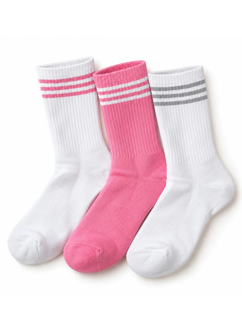 Al Ibrah Girls Striped Crew Socks 3 Pack - Soft Cotton Blend with Ribbed Cuffs