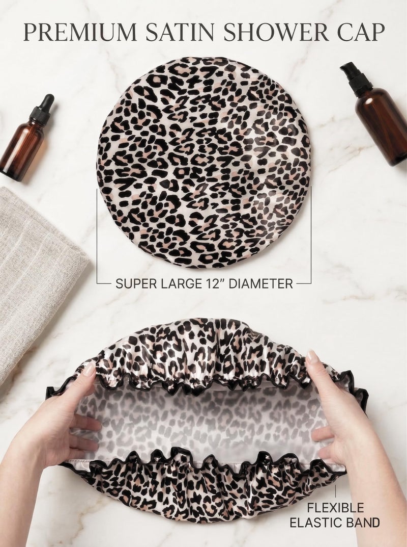 Aquior Shower Cap, Reusable Waterproof Leopard Print Hair Cap,Dual Layer Large Ruffle Edge for Long Hair, Ideal for Shower, Skincare, Cooking, Spa and Travel Use - Image 4
