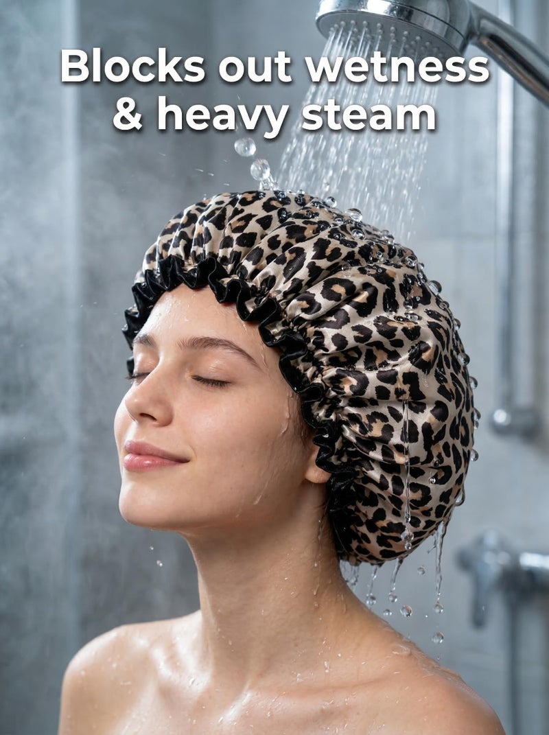 Aquior Shower Cap, Reusable Waterproof Leopard Print Hair Cap,Dual Layer Large Ruffle Edge for Long Hair, Ideal for Shower, Skincare, Cooking, Spa and Travel Use - Image 2