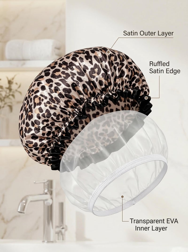 Aquior Shower Cap, Reusable Waterproof Leopard Print Hair Cap,Dual Layer Large Ruffle Edge for Long Hair, Ideal for Shower, Skincare, Cooking, Spa and Travel Use - Image 5
