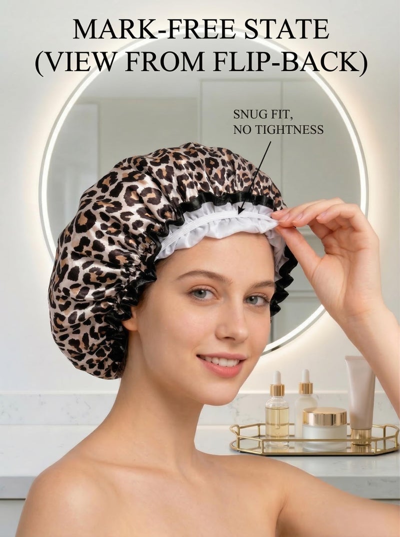Aquior Shower Cap, Reusable Waterproof Leopard Print Hair Cap,Dual Layer Large Ruffle Edge for Long Hair, Ideal for Shower, Skincare, Cooking, Spa and Travel Use - Image 3