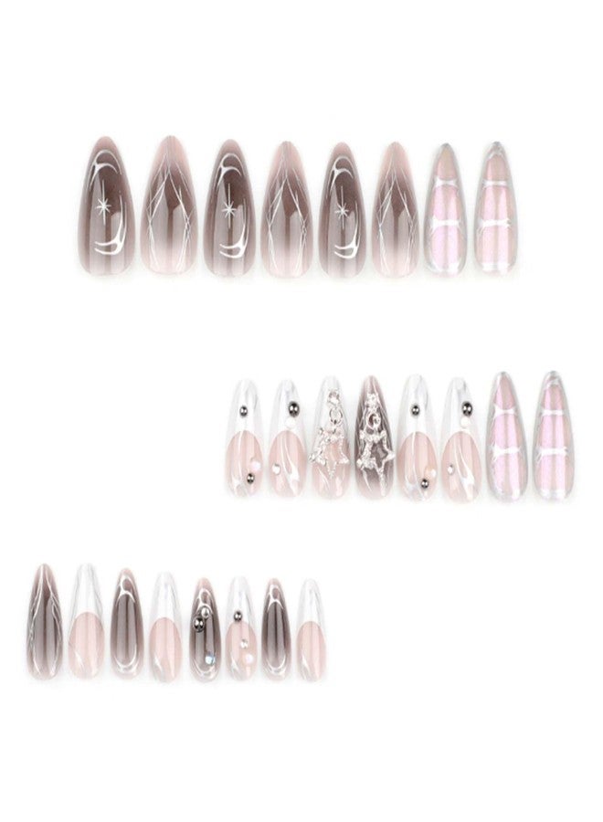 YoYoee Short Almond False Nails Luxury Swirl Nails Tips French Nude Press on Nails Pearl Fake Nails for Women and Girls 24PCS - Image 2