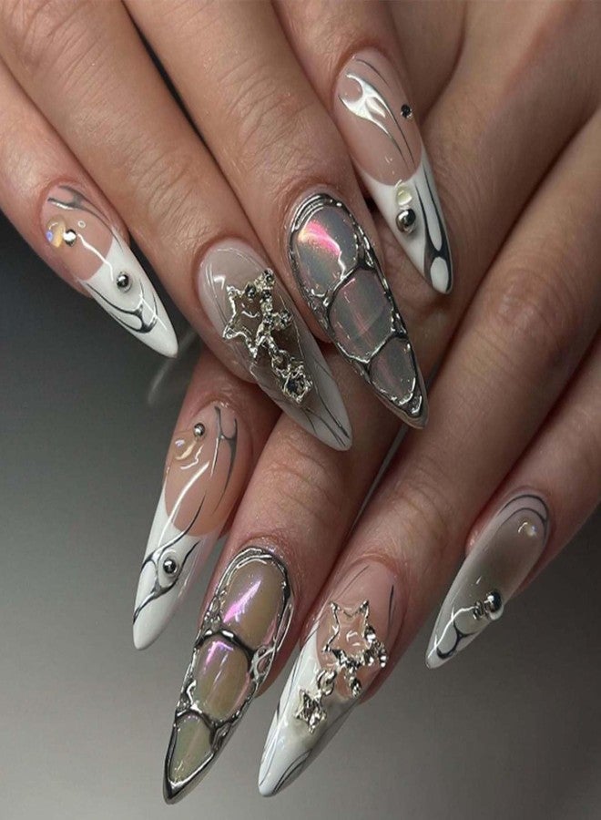YoYoee Short Almond False Nails Luxury Swirl Nails Tips French Nude Press on Nails Pearl Fake Nails for Women and Girls 24PCS - Image 1