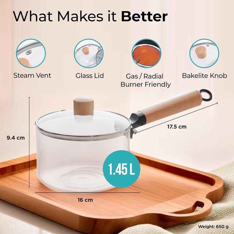 The Better Home The Better Home Zeno 145L Borosilicate Glass Cookware for Gas Stove Saucepan with Handle Small MilkTea Pan Boiling Pan Diwali Gift Gift for Housewarming Clear  - Image 3