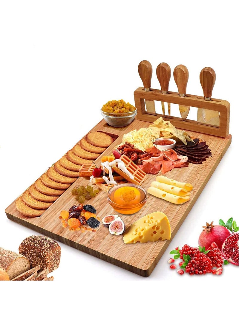 عربست مجموعة ألواح الجبن المصنوعة من الخيزران، وصينية الجبن، ولوحة الفحم، وطبق تقديم اللحوم مع 4 سكاكين الجبن المصنوعة من الفولاذ المقاوم للصدأ، مثالية لهدايا الزفاف وحفلات أعياد الميلاد - Image 1