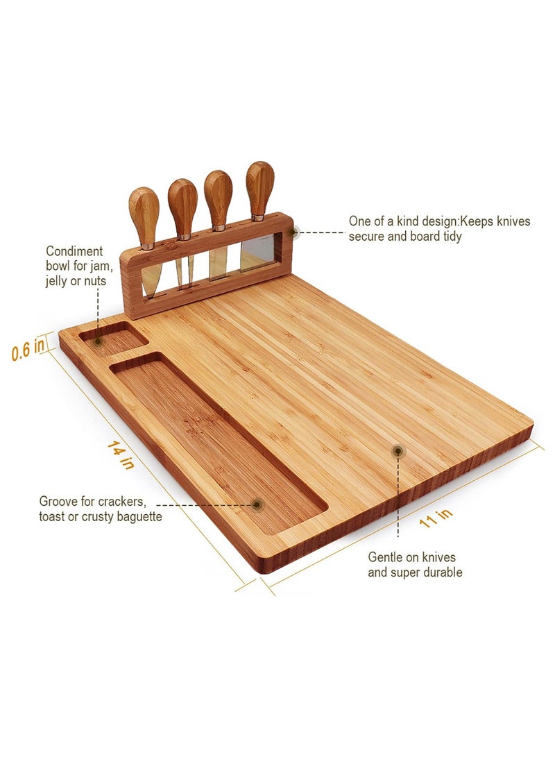 عربست مجموعة ألواح الجبن المصنوعة من الخيزران، وصينية الجبن، ولوحة الفحم، وطبق تقديم اللحوم مع 4 سكاكين الجبن المصنوعة من الفولاذ المقاوم للصدأ، مثالية لهدايا الزفاف وحفلات أعياد الميلاد - Image 5