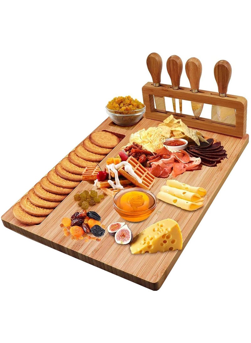 عربست مجموعة ألواح الجبن المصنوعة من الخيزران، وصينية الجبن، ولوحة الفحم، وطبق تقديم اللحوم مع 4 سكاكين الجبن المصنوعة من الفولاذ المقاوم للصدأ، مثالية لهدايا الزفاف وحفلات أعياد الميلاد - Image 4