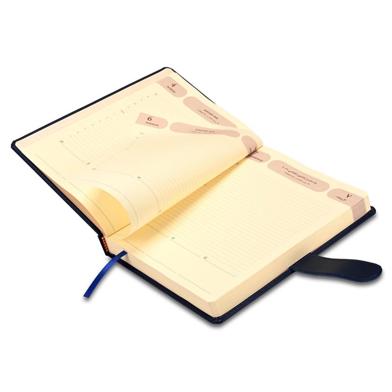 FIS مفكرة أجندة FIS 2026، 170x240 مم، غلاف إيطالي PU مبطن ومخيط من جانب واحد، زوايا مدورة مع إغلاق بحزام، يوم واحد في الصفحة، عربي/إنجليزي، ورق إيطالي عاجي 70 جرام، غلاف أزرق - FSDI75AE26BL - Image 4