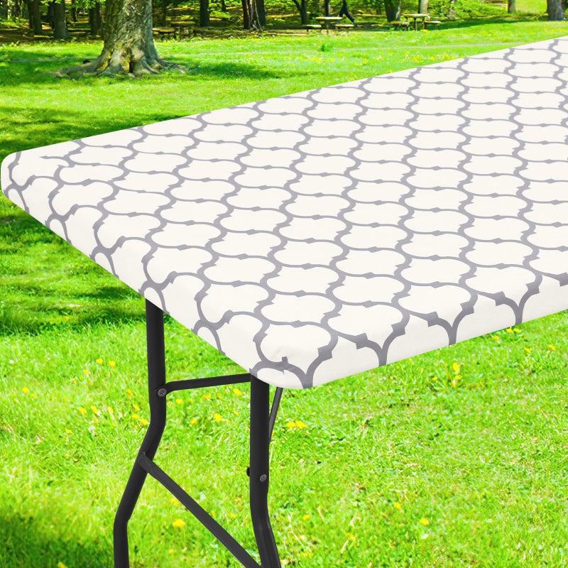 Smiry Rectangle Picnic Table Cover, Wipeable Flannel Backed Vinyl Tablecloth for 6 Foot Tables, Waterproof Elastic Fitted Camping Tablecloths Protector for Indoor, Outdoor (Beige, 30x72 Inches) - Image 1
