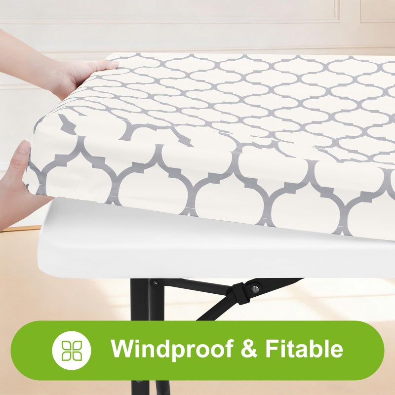 Smiry Rectangle Picnic Table Cover, Wipeable Flannel Backed Vinyl Tablecloth for 6 Foot Tables, Waterproof Elastic Fitted Camping Tablecloths Protector for Indoor, Outdoor (Beige, 30x72 Inches) - Image 2