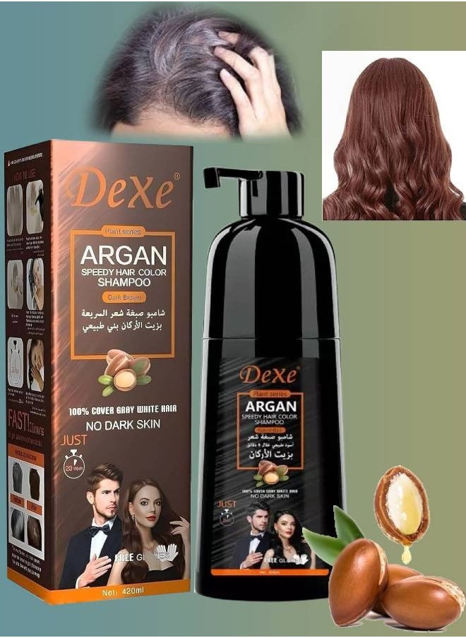 Dexe 420ml Argan Speedy Hair Color Shampoo 100% Grey and White Hair Coverage Long Lasting Deeply Nourishing and Anti Hair Fall Hair Color Shampoo Argan Hair Dry Color Shampoo Dark Brown  - Image 1