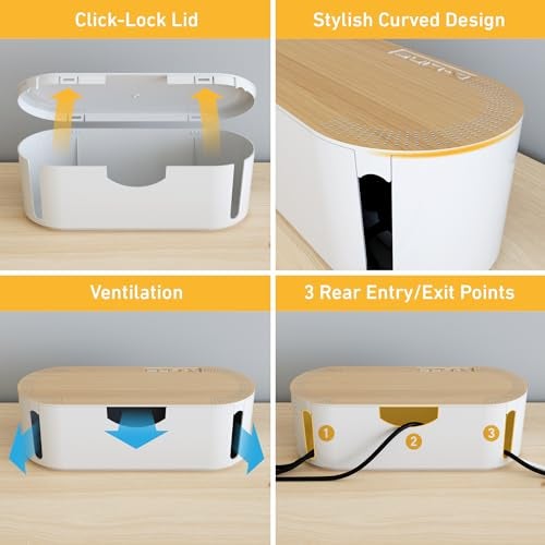D-Line Cable Management Box, Power Strip Holder, Floor Outlet Hiders, Desk Cord Organizer, Cover TV Wires, Wire Storage, Extension Hider, Office Concealer for Cords - Small, Wood-Effect Lid - Image 5