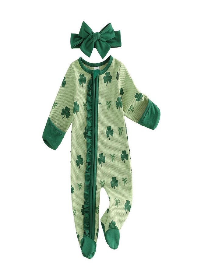 Ayalinggo St Patricks Day Baby Girl Outfit Infant Newborn Footie Waffle Knit Romper Zippers Ruffle Jumpsuit Shamrock Clothes (Green, Newborn) - Image 1