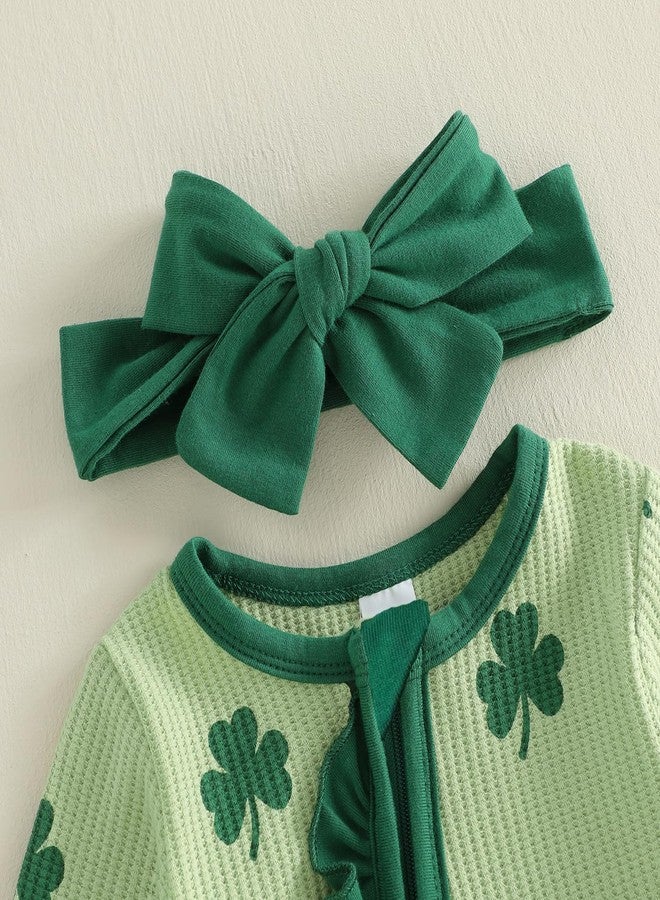 Ayalinggo St Patricks Day Baby Girl Outfit Infant Newborn Footie Waffle Knit Romper Zippers Ruffle Jumpsuit Shamrock Clothes (Green, Newborn) - Image 4