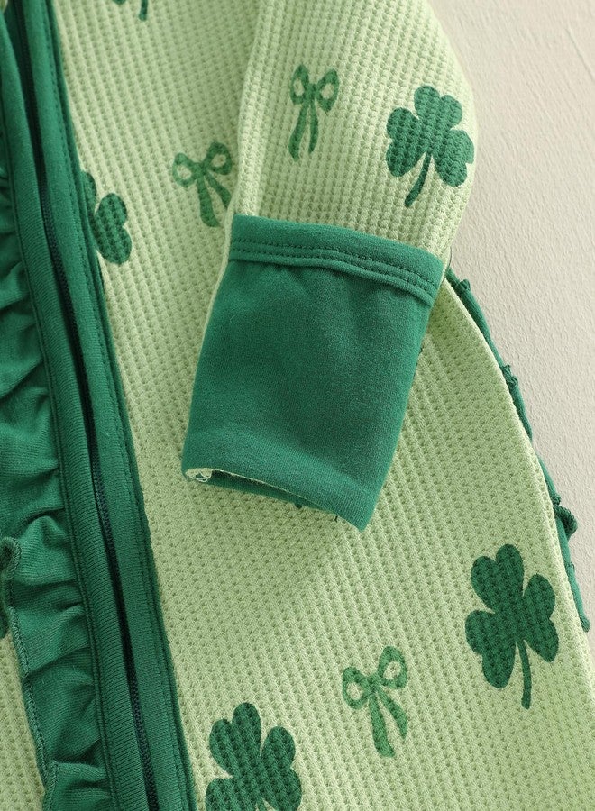 Ayalinggo St Patricks Day Baby Girl Outfit Infant Newborn Footie Waffle Knit Romper Zippers Ruffle Jumpsuit Shamrock Clothes (Green, Newborn) - Image 5